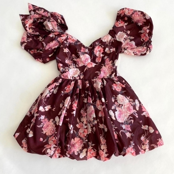 LOVESHACKFANCY Hansel Puff Mini Dress in Floral Oxblood - Picture 4 of 13